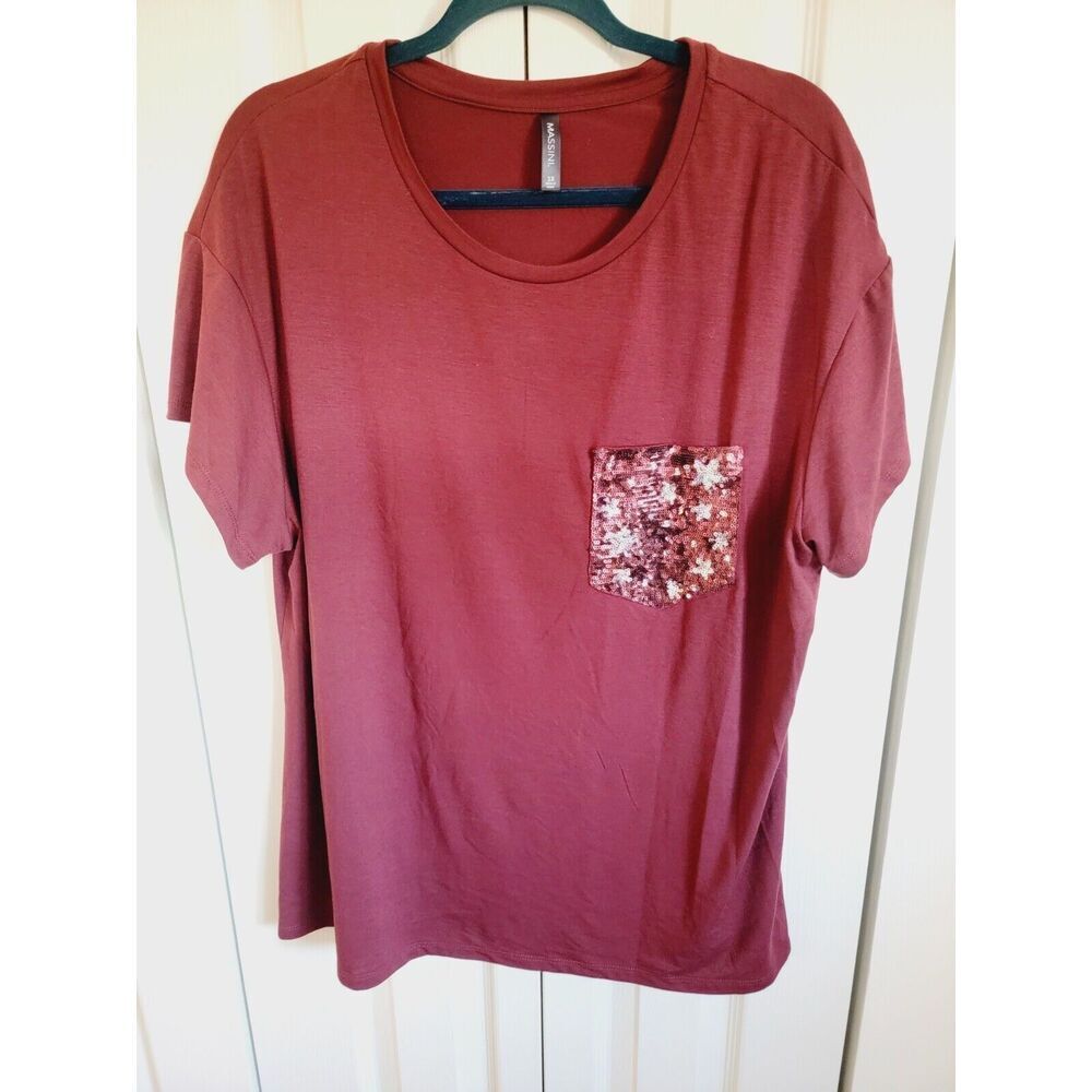 Massini 1X Women's Top Short Sleeve Casual Career Maroon‎ Beaded Pocket
